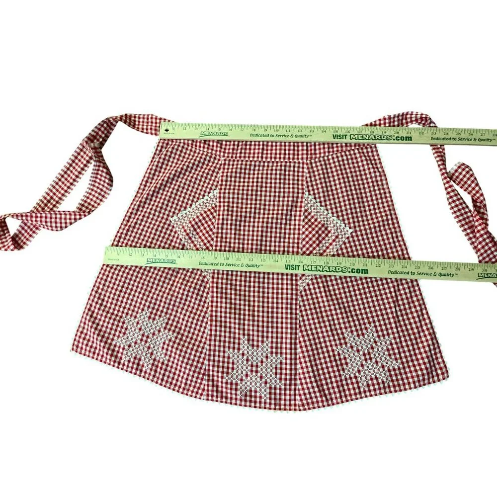 Vintage Red Gingham Half Apron Embroidered Pockets Farmhouse OSFM